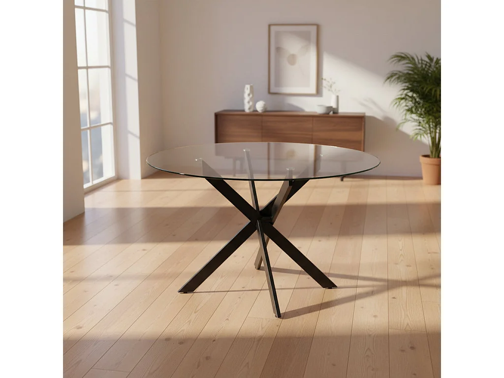 Table à manger ronde JESSICA TRANSPARENT en Métal noir XXL 120 cm 4 couverts