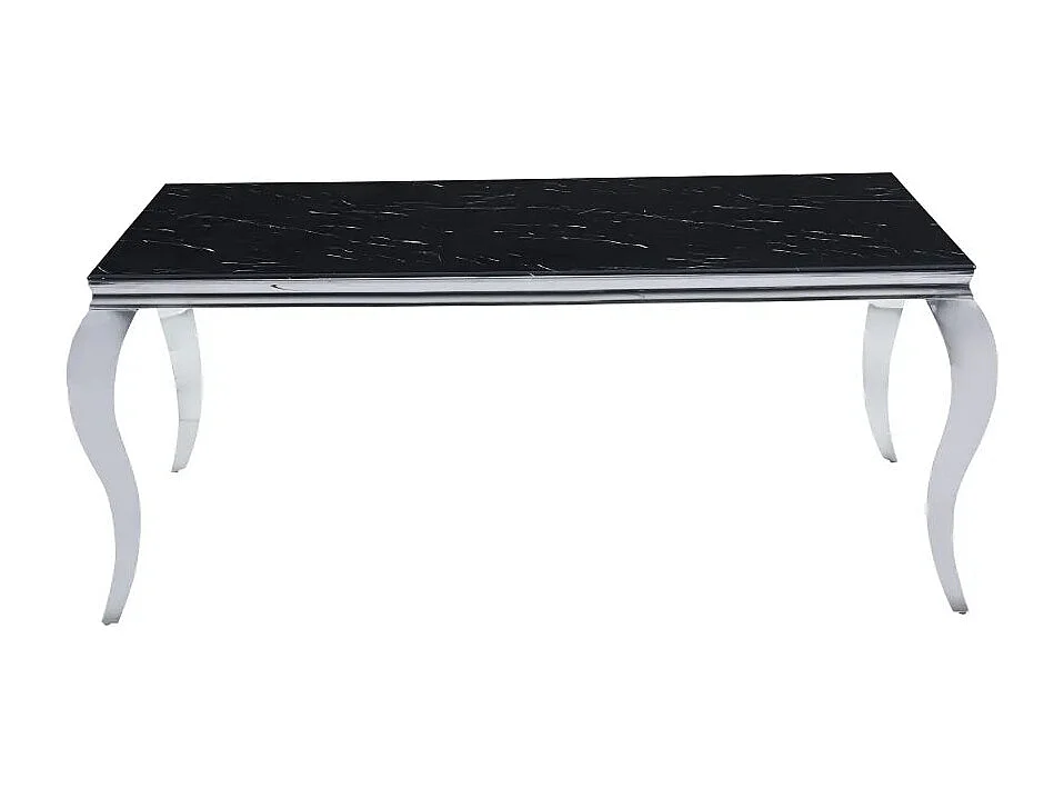 Table à manger BAROQUE 6 à 8 couverts pieds chrome plateau en verre 180x90 cm effet marbré noir