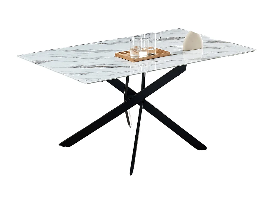 Table Repas JESSICA Métal noir et plateau en verre 150 cm 4 à 6 couverts effet marbré blanc