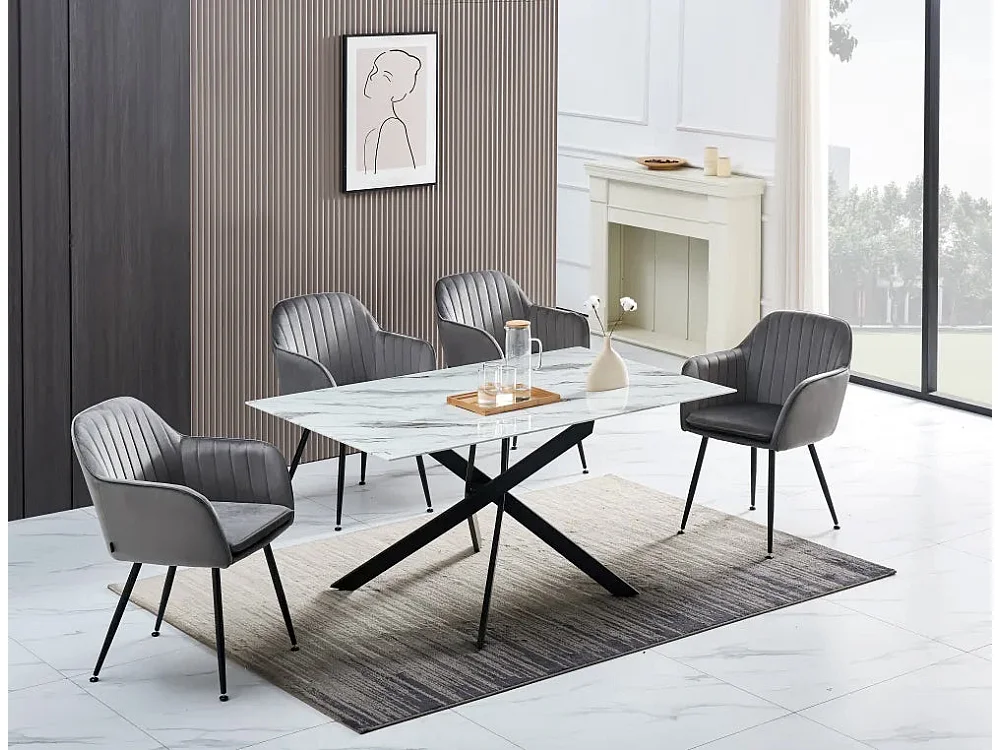 Table Repas JESSICA Métal noir et plateau en verre 150 cm 4 à 6 couverts effet marbré blanc