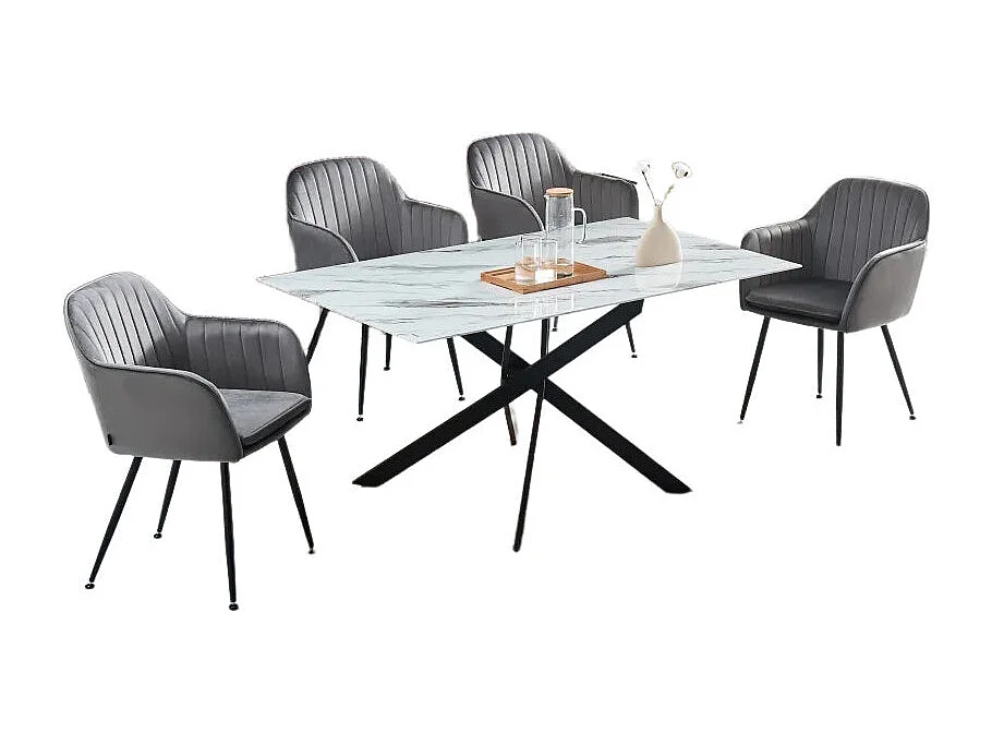 Table Repas JESSICA Métal noir et plateau en verre 150 cm 4 à 6 couverts effet marbré blanc