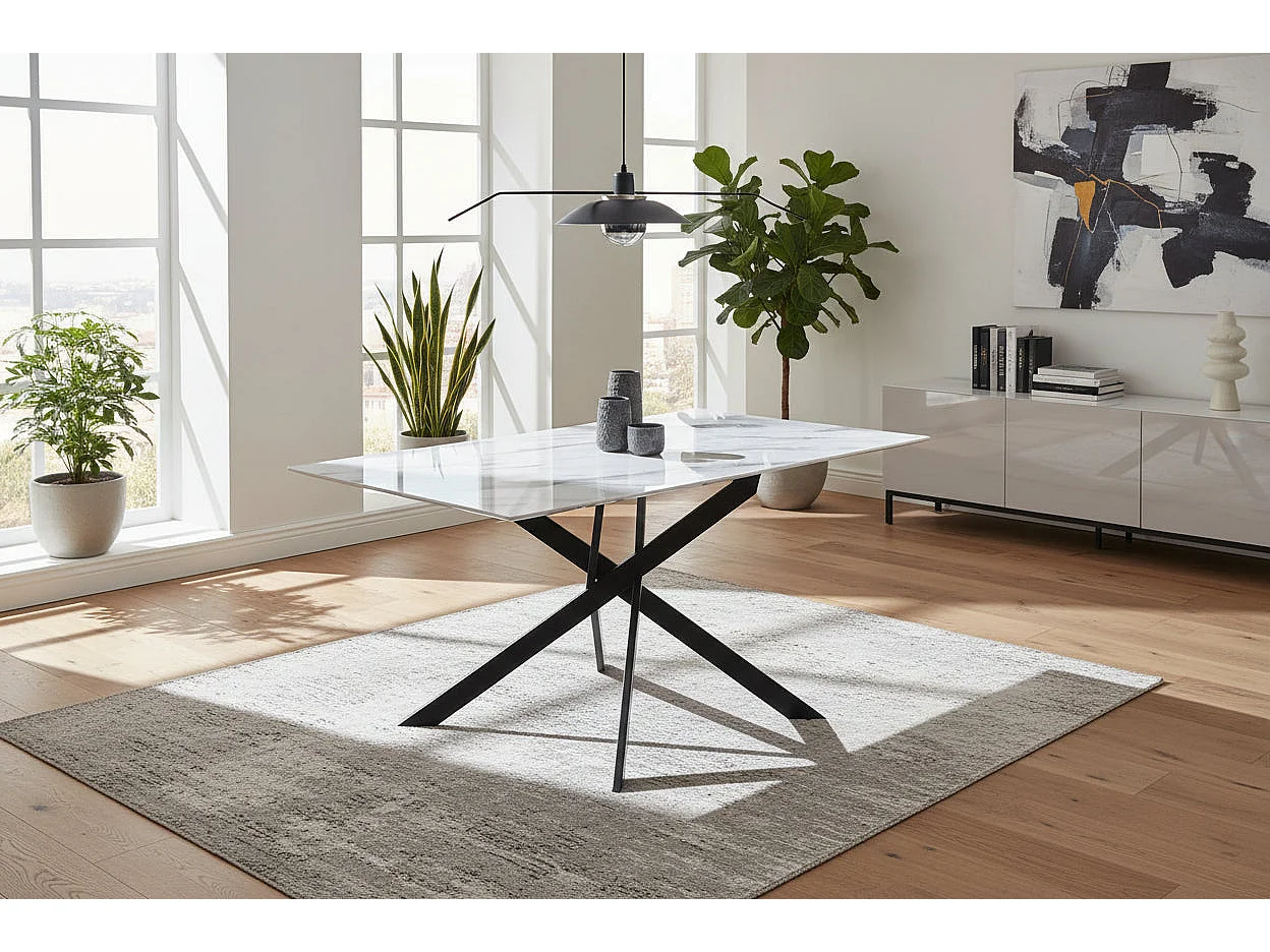 Table à Manger Rectangulaire Verre Marbré Blanc 150 cm JESSICA