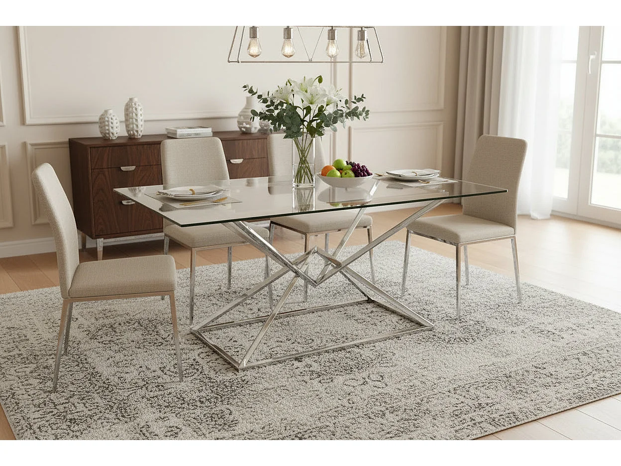 Table à Manger Rectangulaire Verre Transparent - Pieds Chrome – 180×90×75 cm – PYRAMIDE