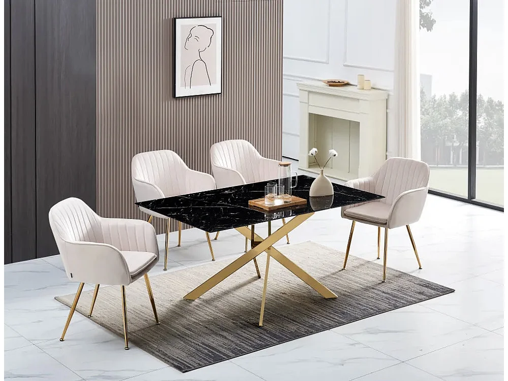 Table Repas JESSICA Gold et plateau en verre 150 cm 4 à 6 couverts - Effet marbré noir