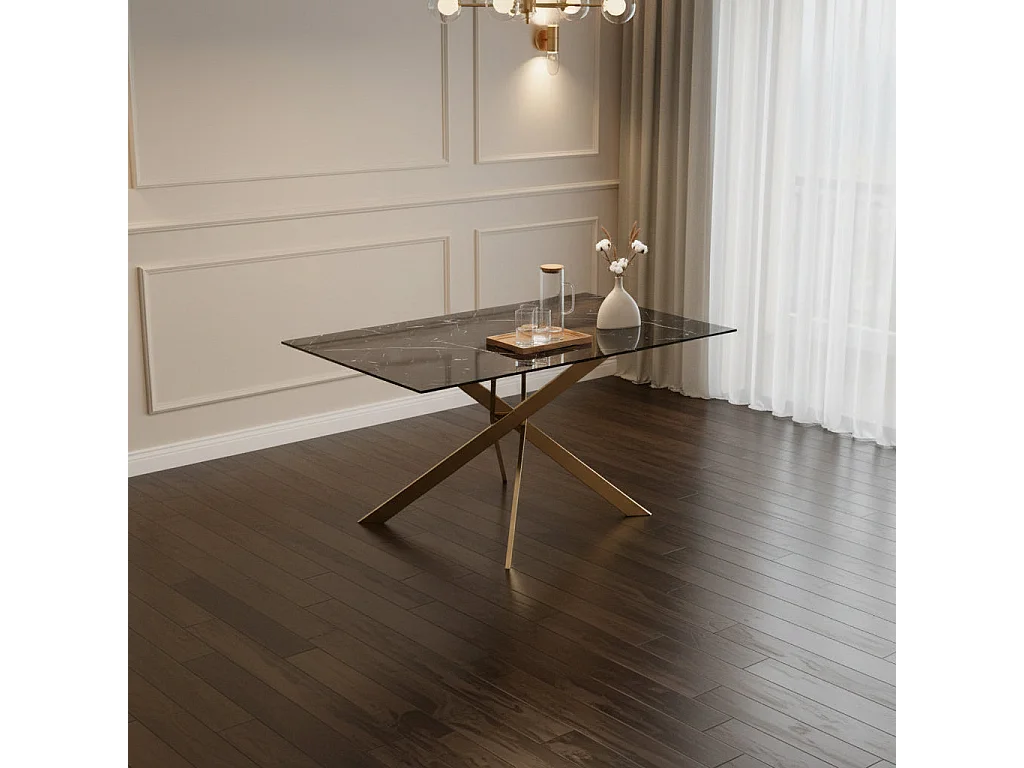 Table Repas JESSICA Gold et plateau en verre 150 cm 4 à 6 couverts - Effet marbré noir