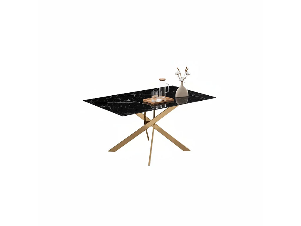 Table Repas JESSICA Gold et plateau en verre 150 cm 4 à 6 couverts - Effet marbré noir