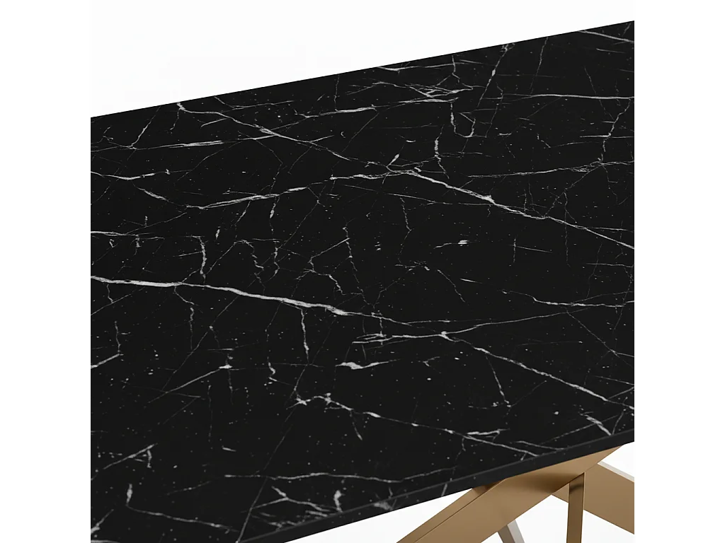 Table Repas JESSICA Gold et plateau en verre 150 cm 4 à 6 couverts - Effet marbré noir
