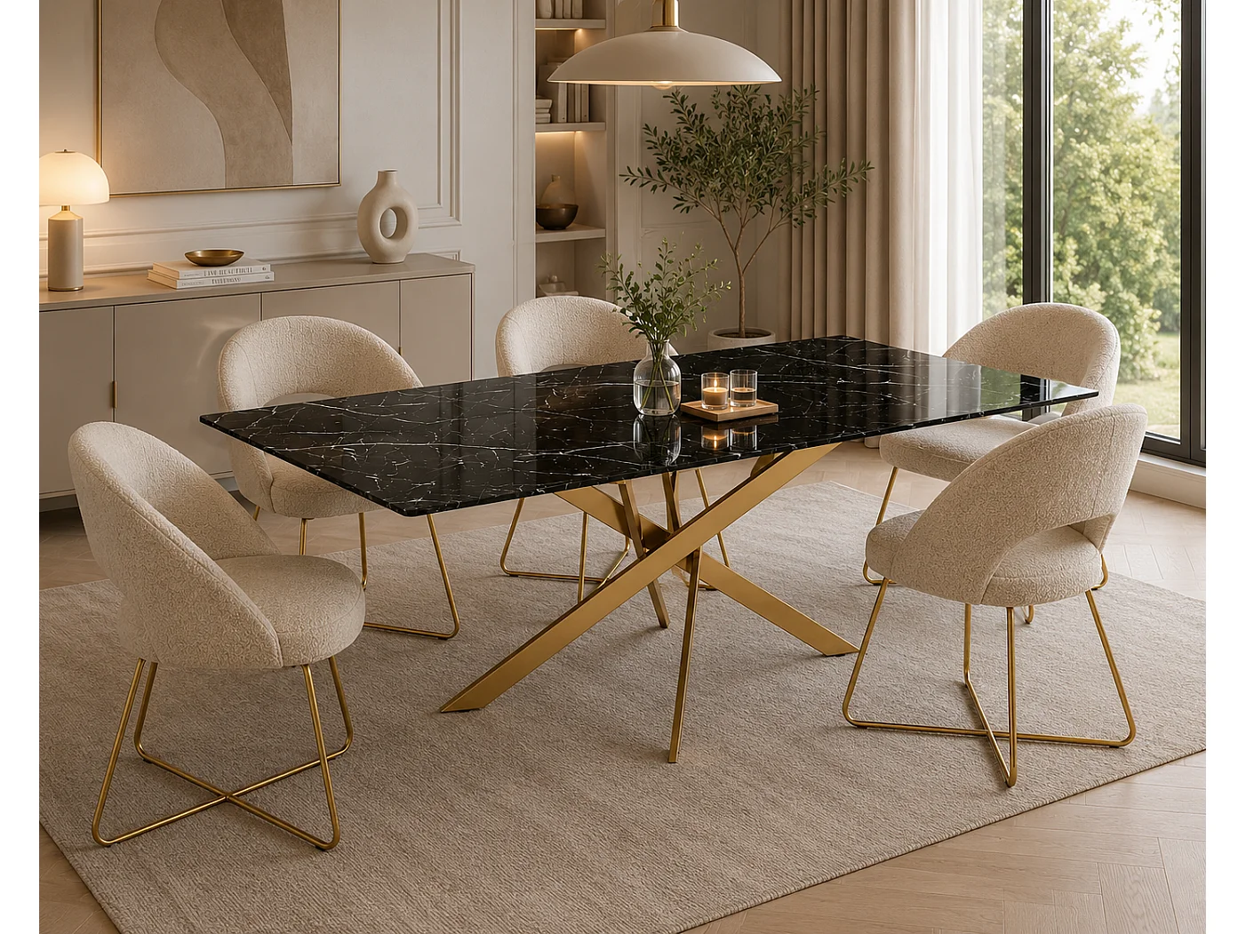 Table Repas JESSICA Gold et plateau en verre 150 cm 4 à 6 couverts - Effet marbré noir