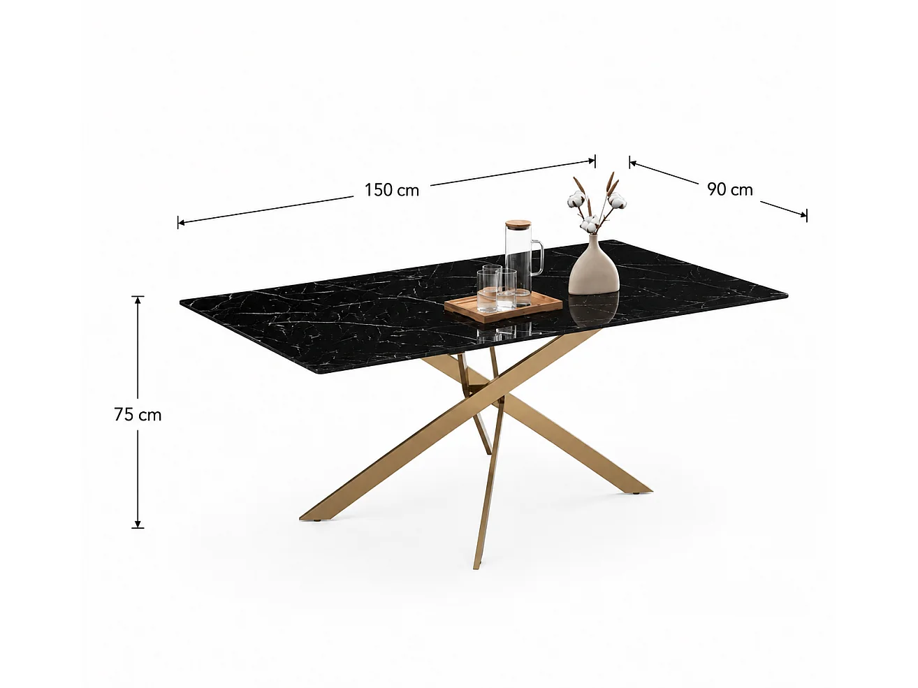 Table Repas JESSICA Gold et plateau en verre 150 cm 4 à 6 couverts - Effet marbré noir