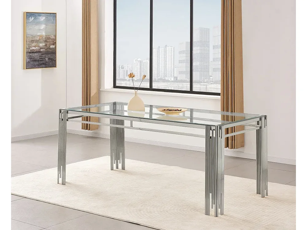 Table à Manger Verre Trempé Transparent & Pieds Chromés – 150×90 cm – FLUTE