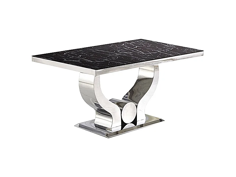 Table à manger TROFY 4 à 6 personnes 150x90 cm chrome plateau en verre effet marbré noir