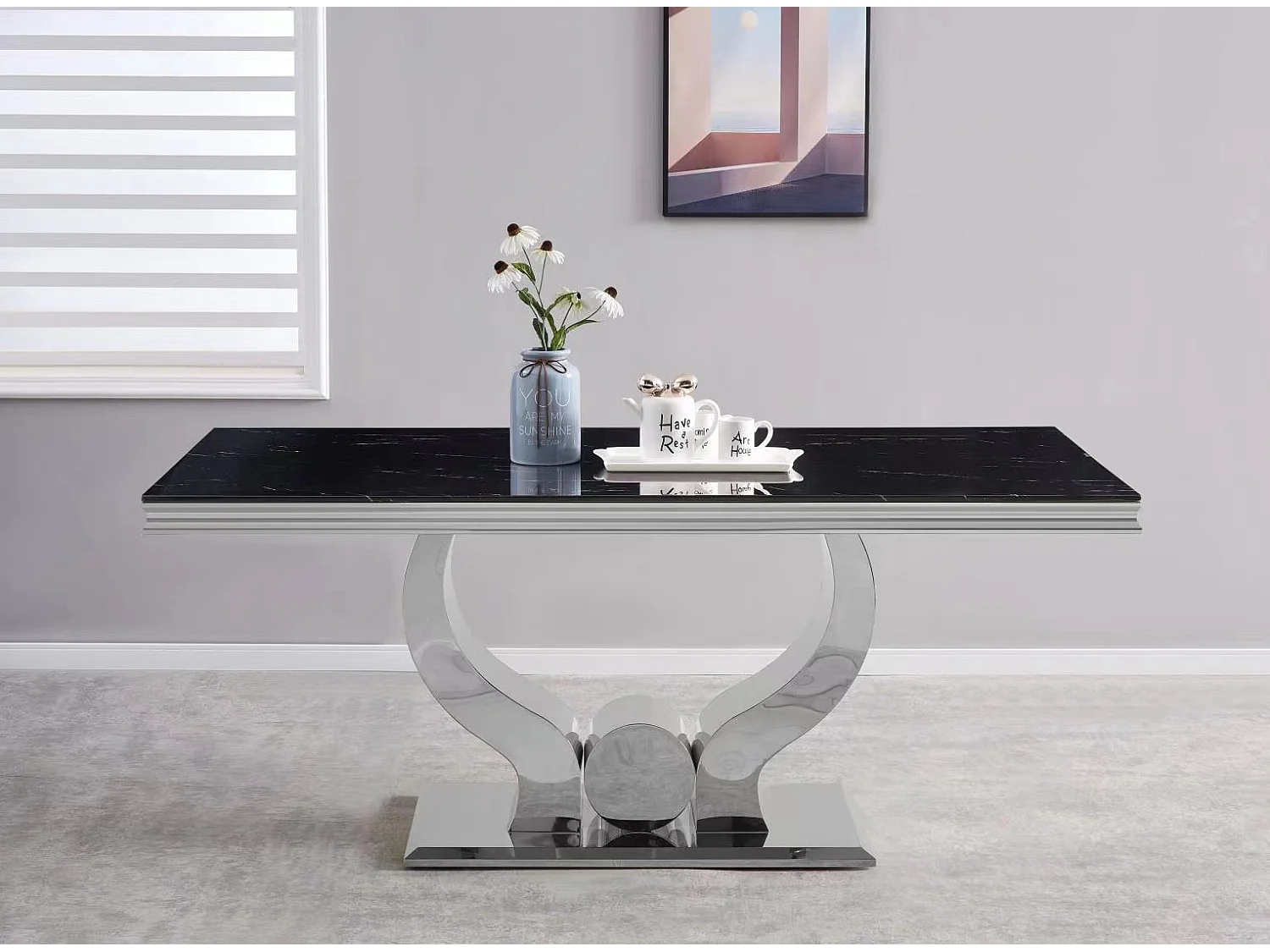 Table à manger TROFY 4 à 6 personnes 150x90 cm chrome plateau en verre effet marbré noir