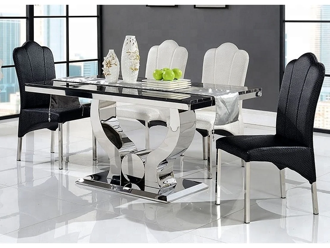 Table à manger TROFY 4 à 6 personnes 150x90 cm chrome plateau en verre effet marbré noir