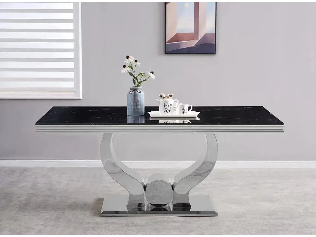 Table à manger TROFY 4 à 6 personnes 150x90 cm chrome plateau en verre effet marbré noir