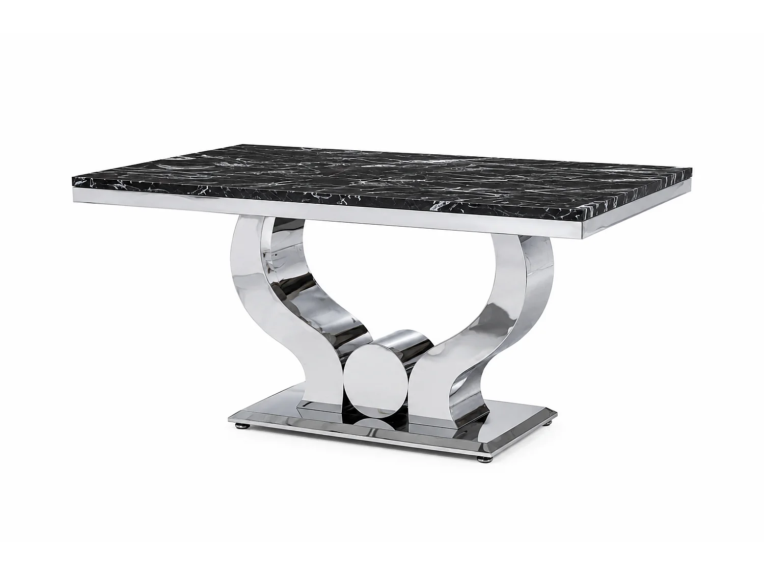Table à manger TROFY 4 à 6 personnes 150x90 cm chrome plateau en verre effet marbré noir