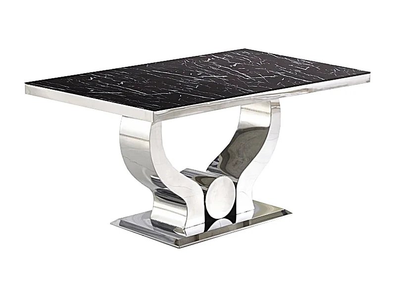 Table à manger TROFY 4 à 6 personnes 150x90 cm chrome plateau en verre effet marbré noir