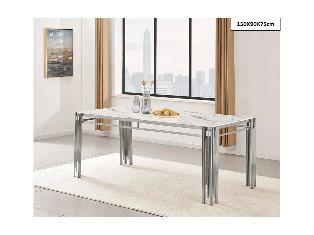 Table à manger FLUTE Chrome Plateau en verre Marbré 150 cm