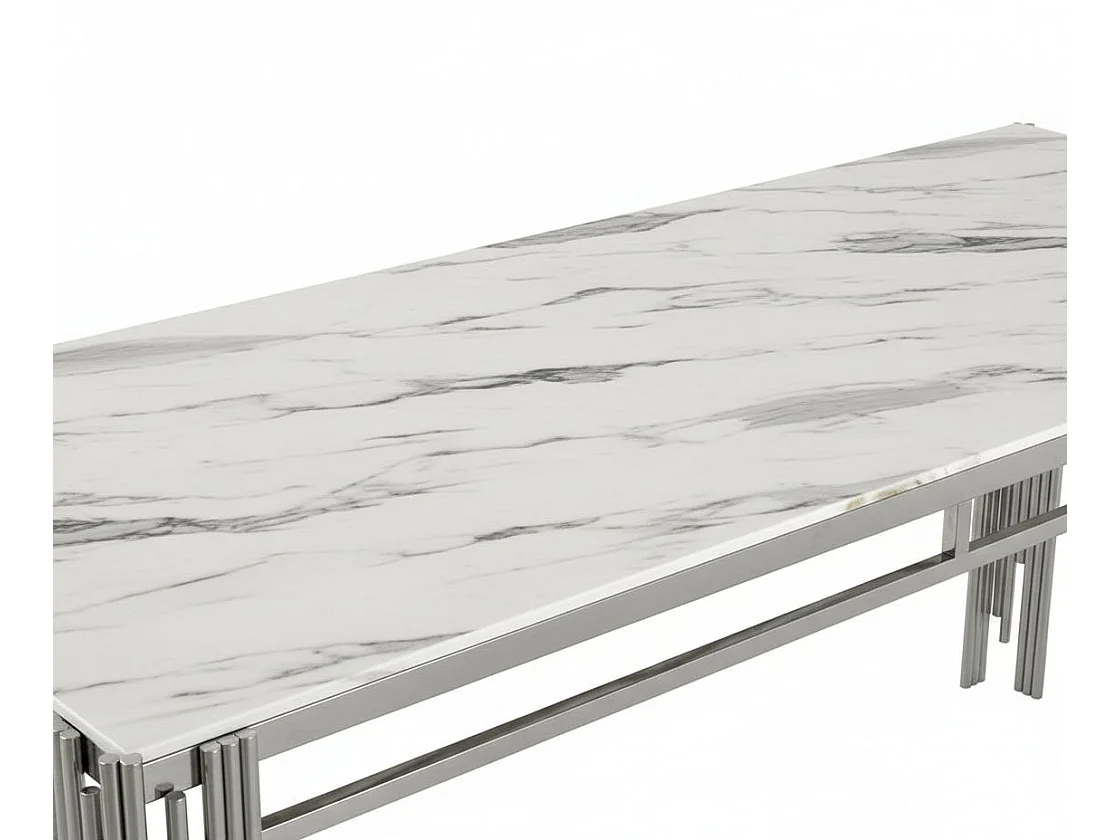 Table à Manger rectangulaire Verre Trempé Marbré Blanc et pieds Chromé – 150×90 cm