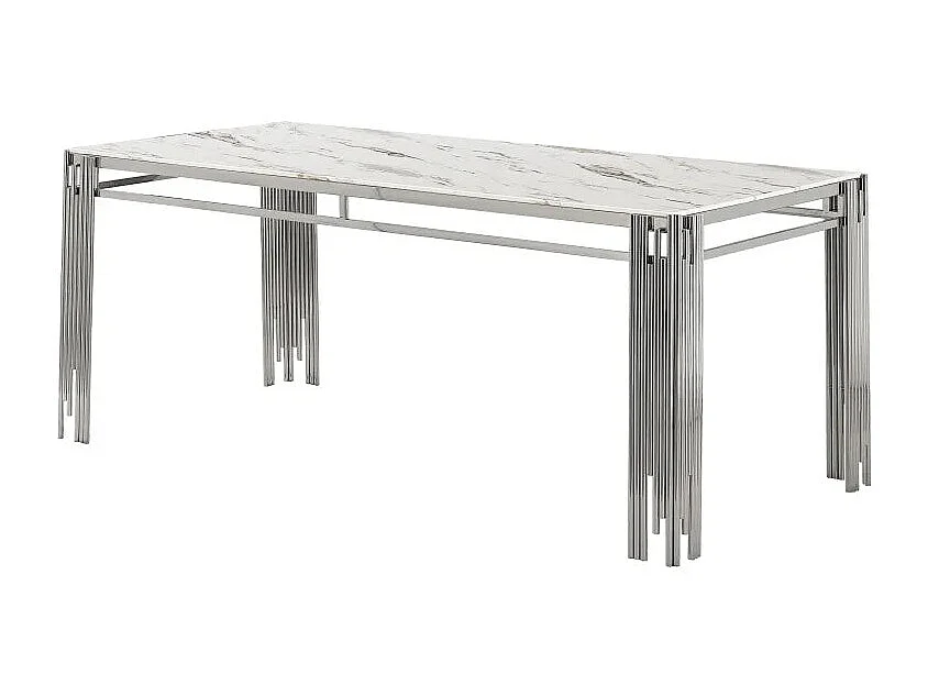 Table à Manger rectangulaire Verre Trempé Marbré Blanc et pieds Chromé – 150×90 cm