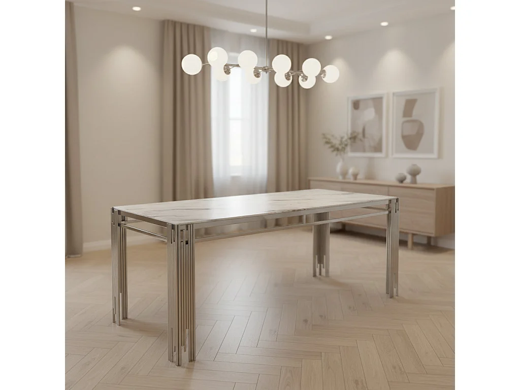 Table à Manger rectangulaire Verre Trempé Marbré Blanc et pieds Chromé – 150×90 cm