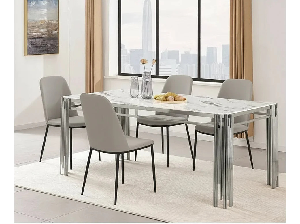 Table à Manger rectangulaire Verre Trempé Marbré Blanc et pieds Chromé – 150×90 cm