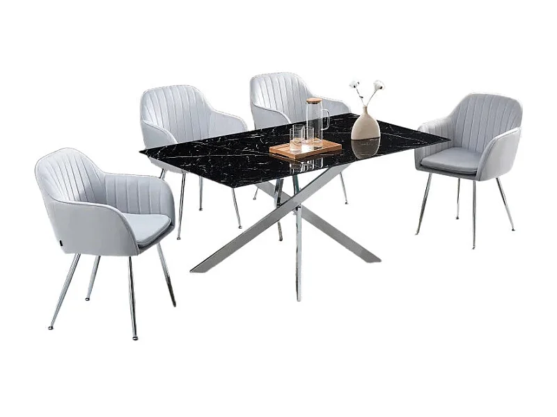 Table Repas JESSICA Chrome et plateau en verre 150 cm 4 à 6 couverts effet marbré noir