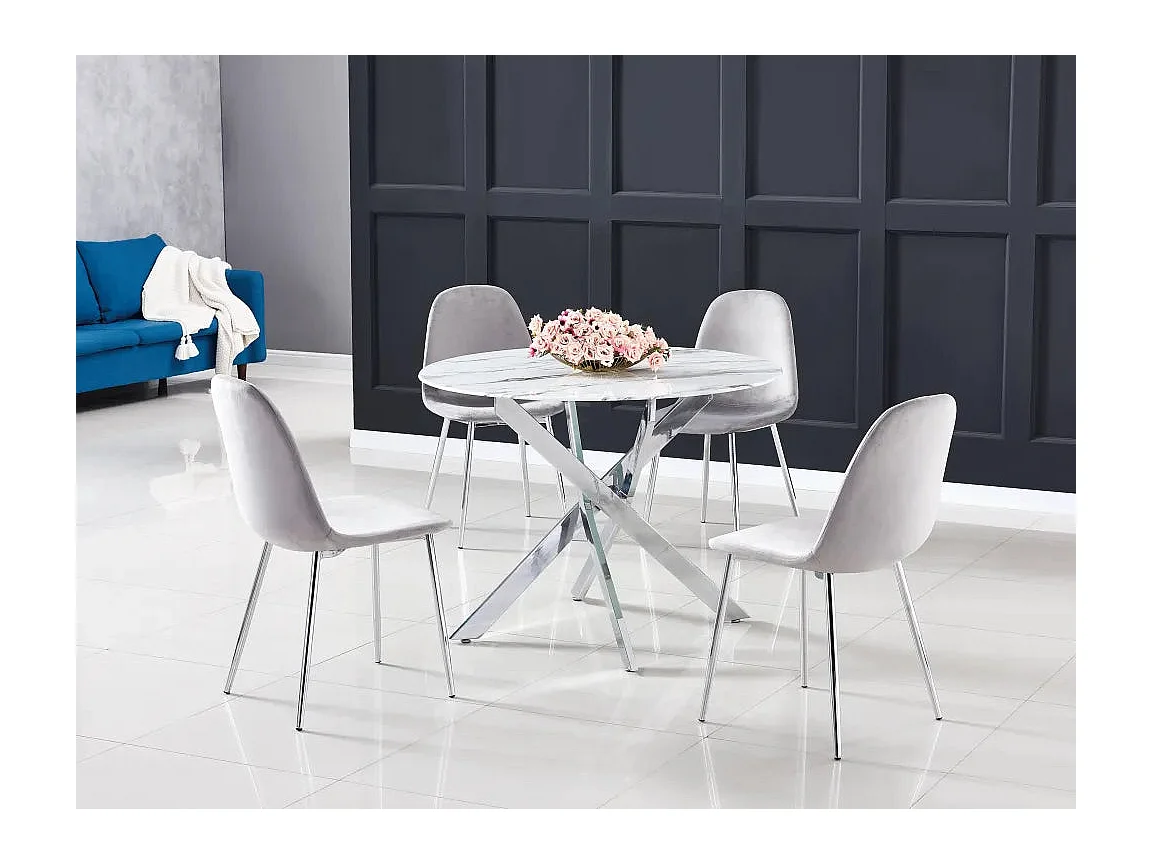 Table à manger ronde  JESSICA MARBRE BLANC pieds chrome 100 cm 4 couverts
