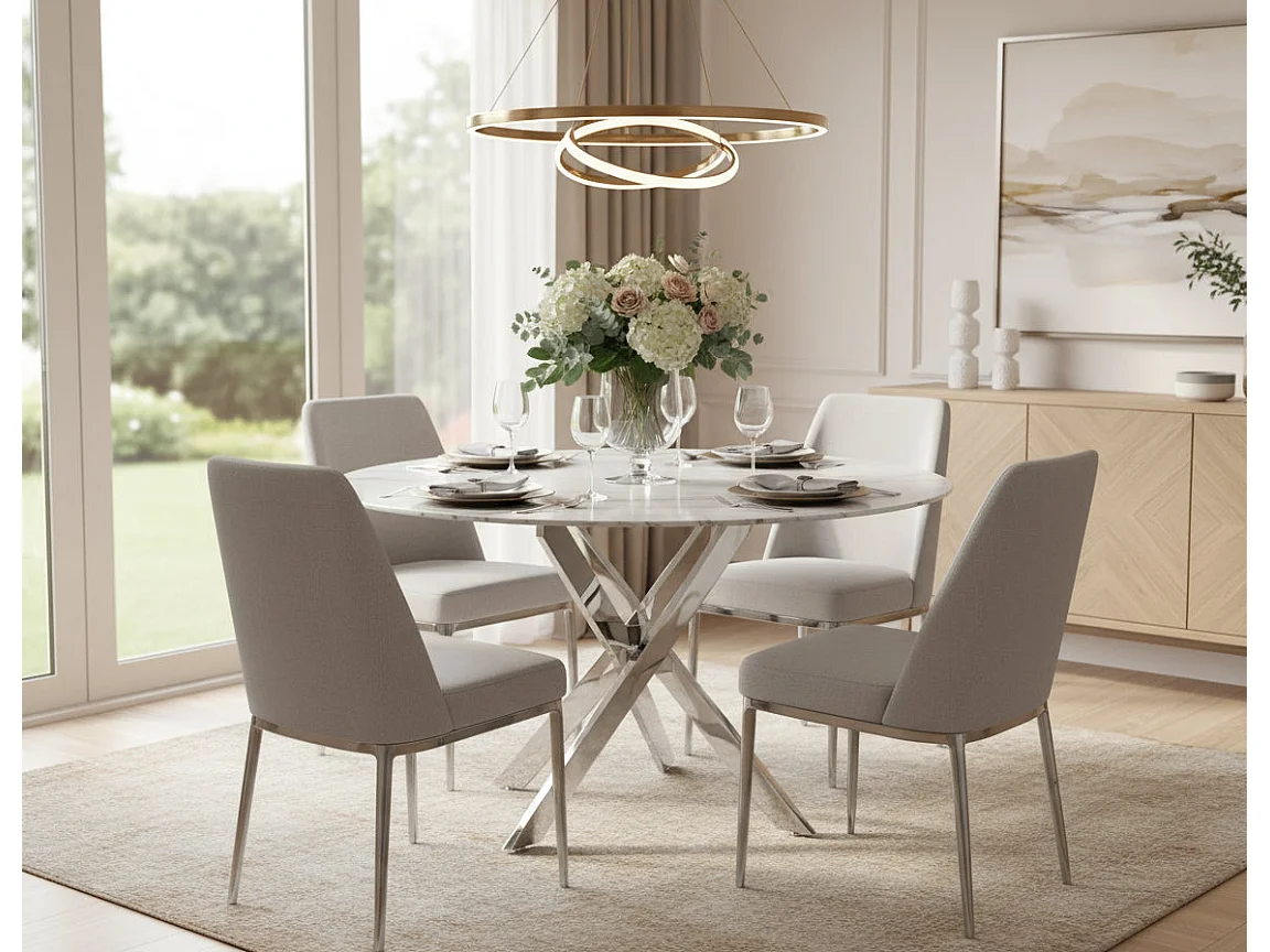 Table à manger ronde verre effet marbré blanc pieds chrome Ø100 cm JESSICA