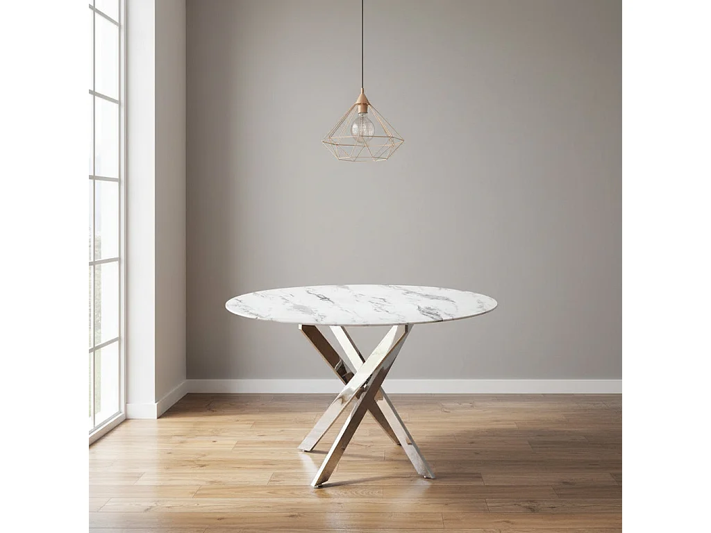 Table à manger ronde verre effet marbré blanc pieds chrome Ø100 cm JESSICA