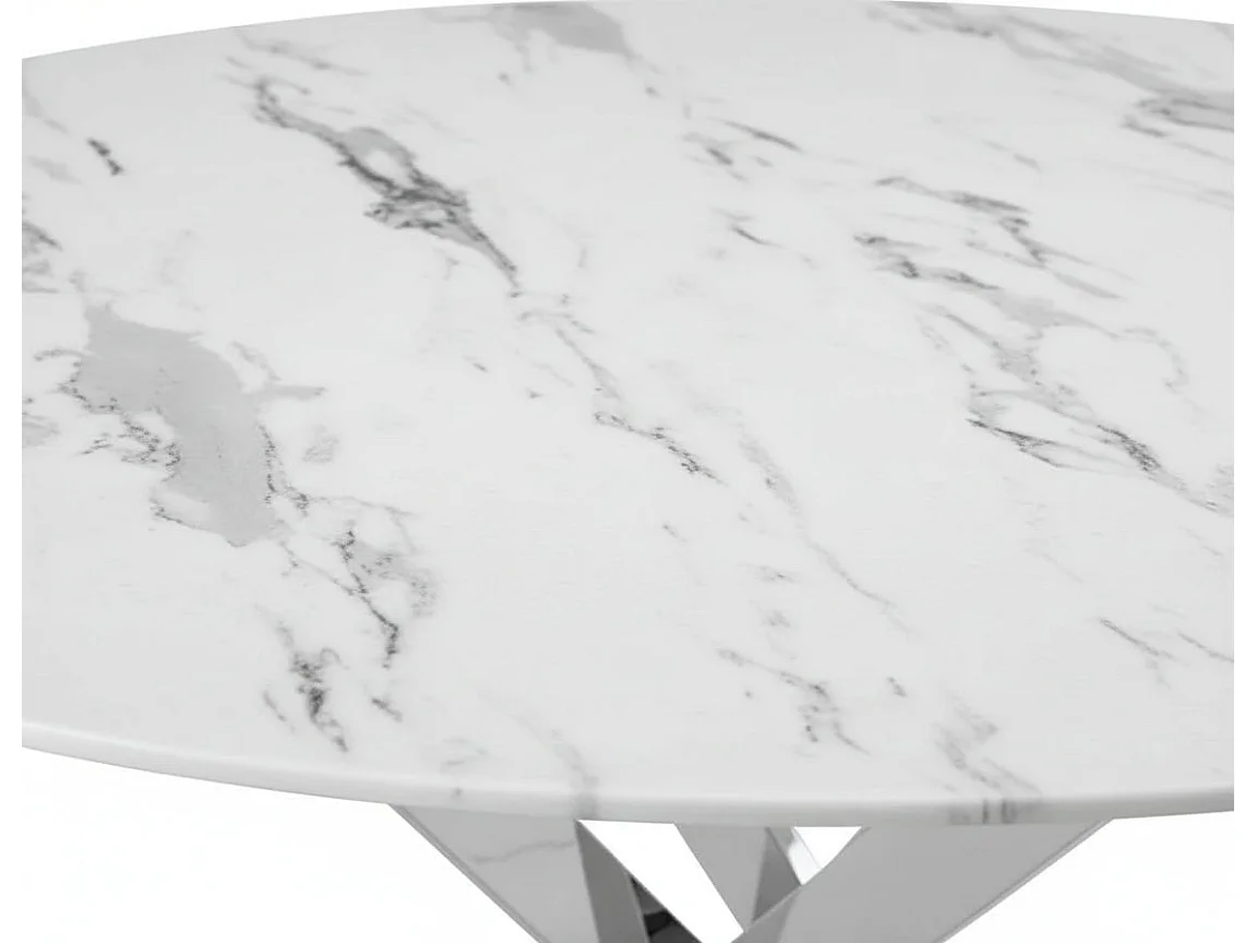 Table à manger ronde verre effet marbré blanc pieds chrome Ø100 cm JESSICA