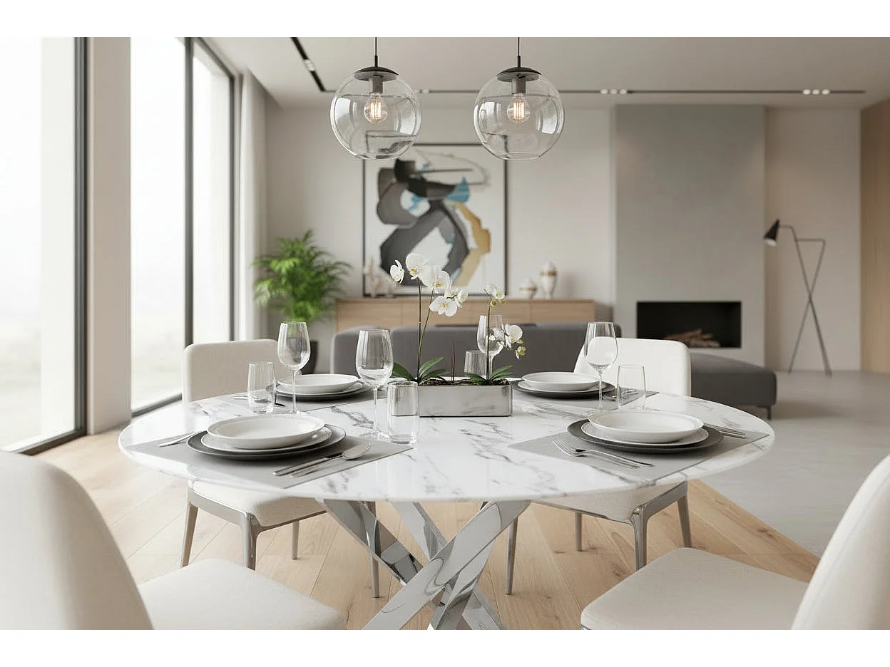 Table à manger ronde verre effet marbré blanc pieds chrome Ø100 cm JESSICA
