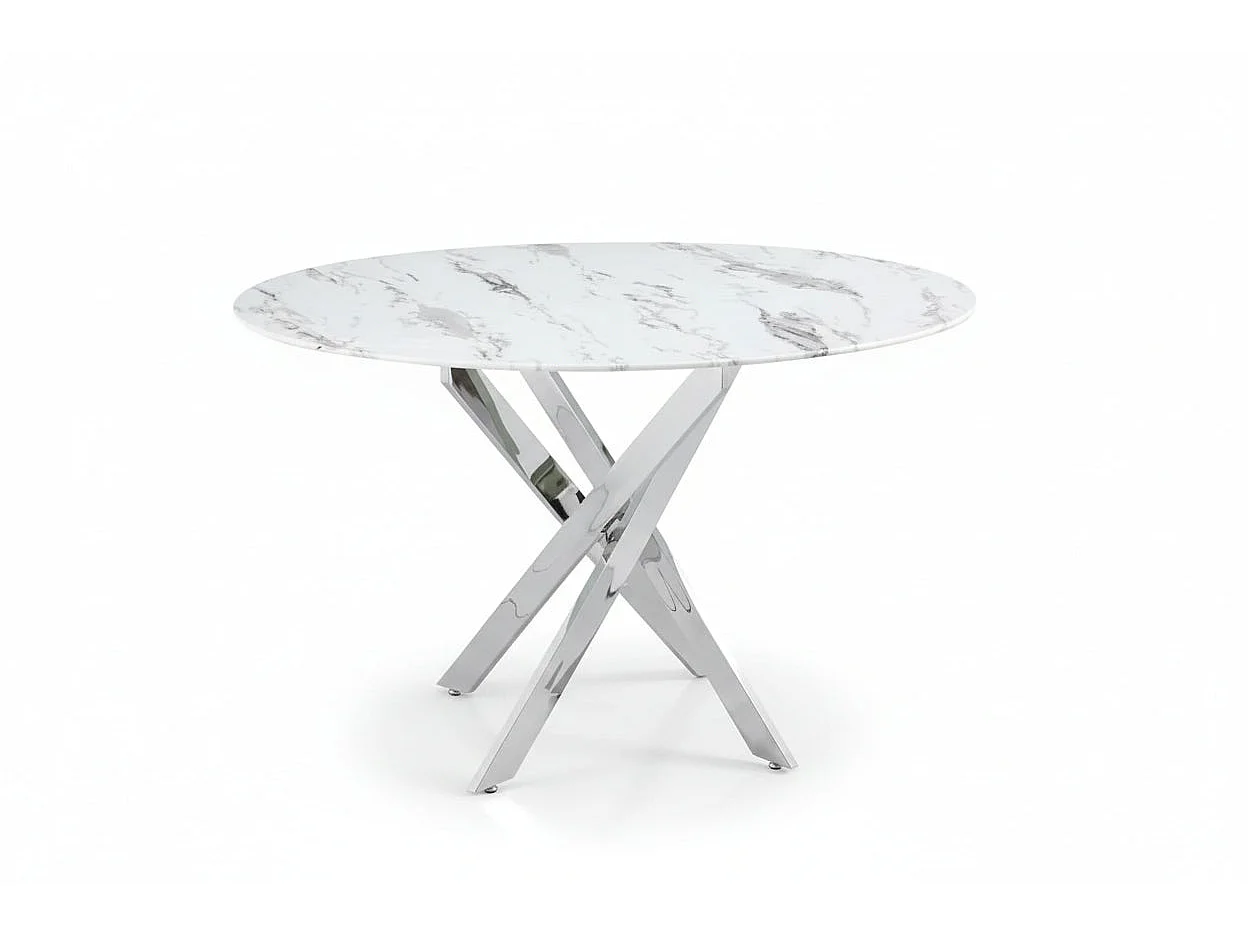Table à manger ronde verre effet marbré blanc pieds chrome Ø100 cm JESSICA
