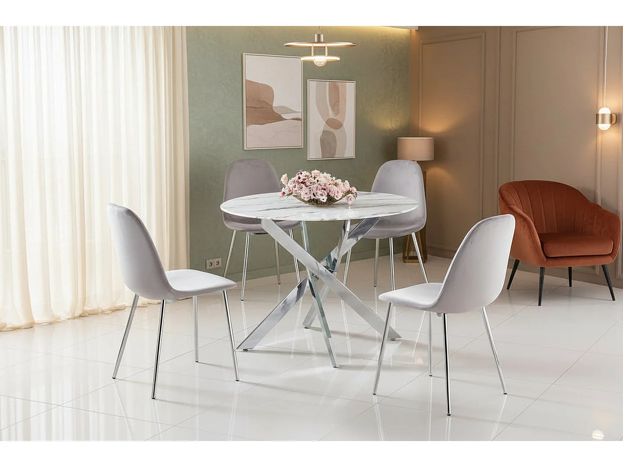 Table à manger ronde verre effet marbré blanc pieds chrome Ø100 cm JESSICA