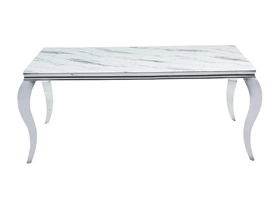 Table à manger BAROQUE 4 à 6 couverts pieds chrome plateau en verre 150x90 cm effet marbré blanc