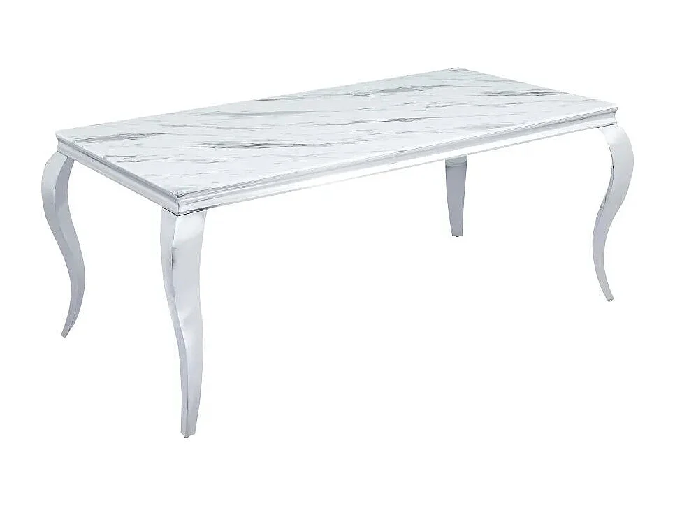 Table à manger BAROQUE 4 à 6 couverts pieds chrome plateau en verre 150x90 cm effet marbré blanc