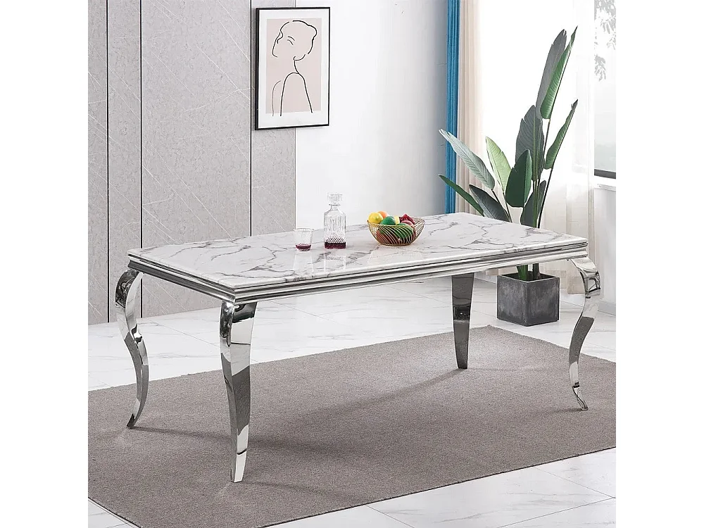 Table à manger BAROQUE 4 à 6 couverts pieds chrome plateau en verre 150x90 cm effet marbré blanc