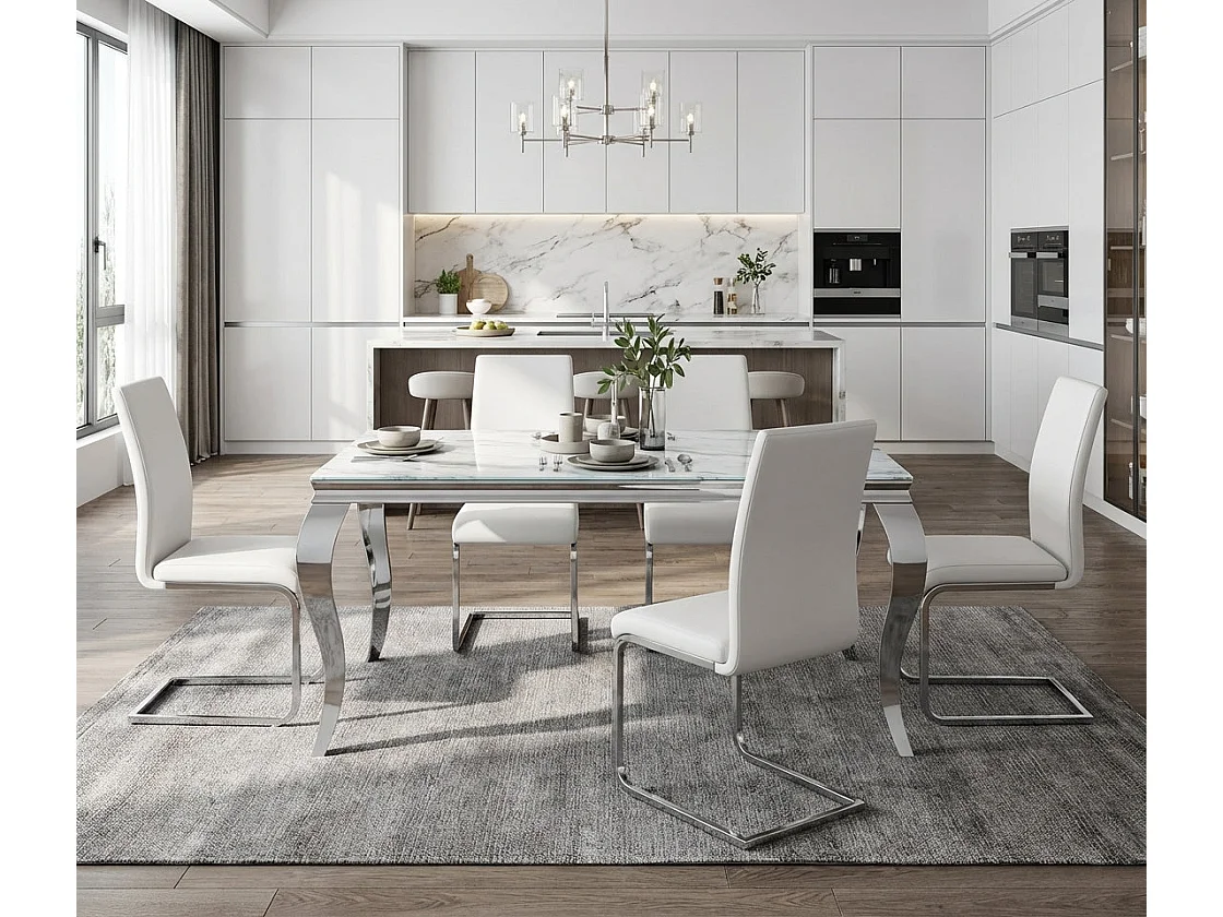 Table à manger verre effet marbré blanc 150x90 cm 4-6 pers BAROQUE