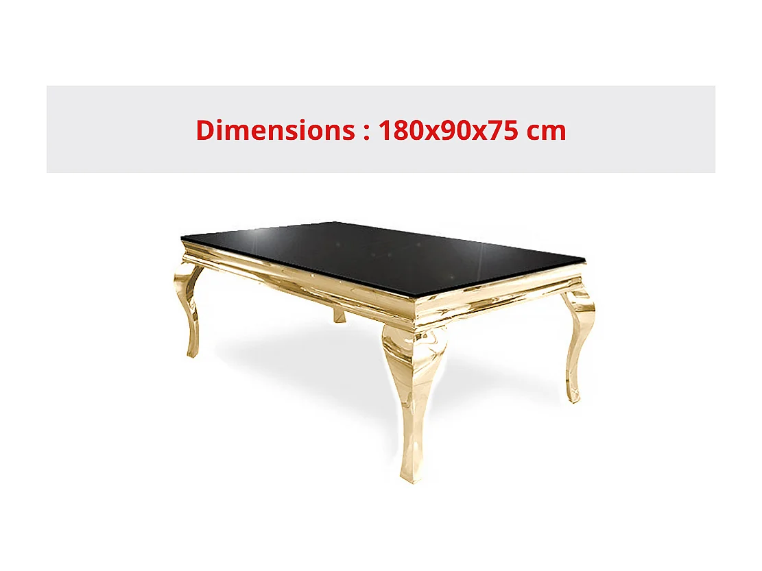 Table à manger BAROQUE 6 à 8 couverts 180x90 cm pieds gold plateau en verre noir