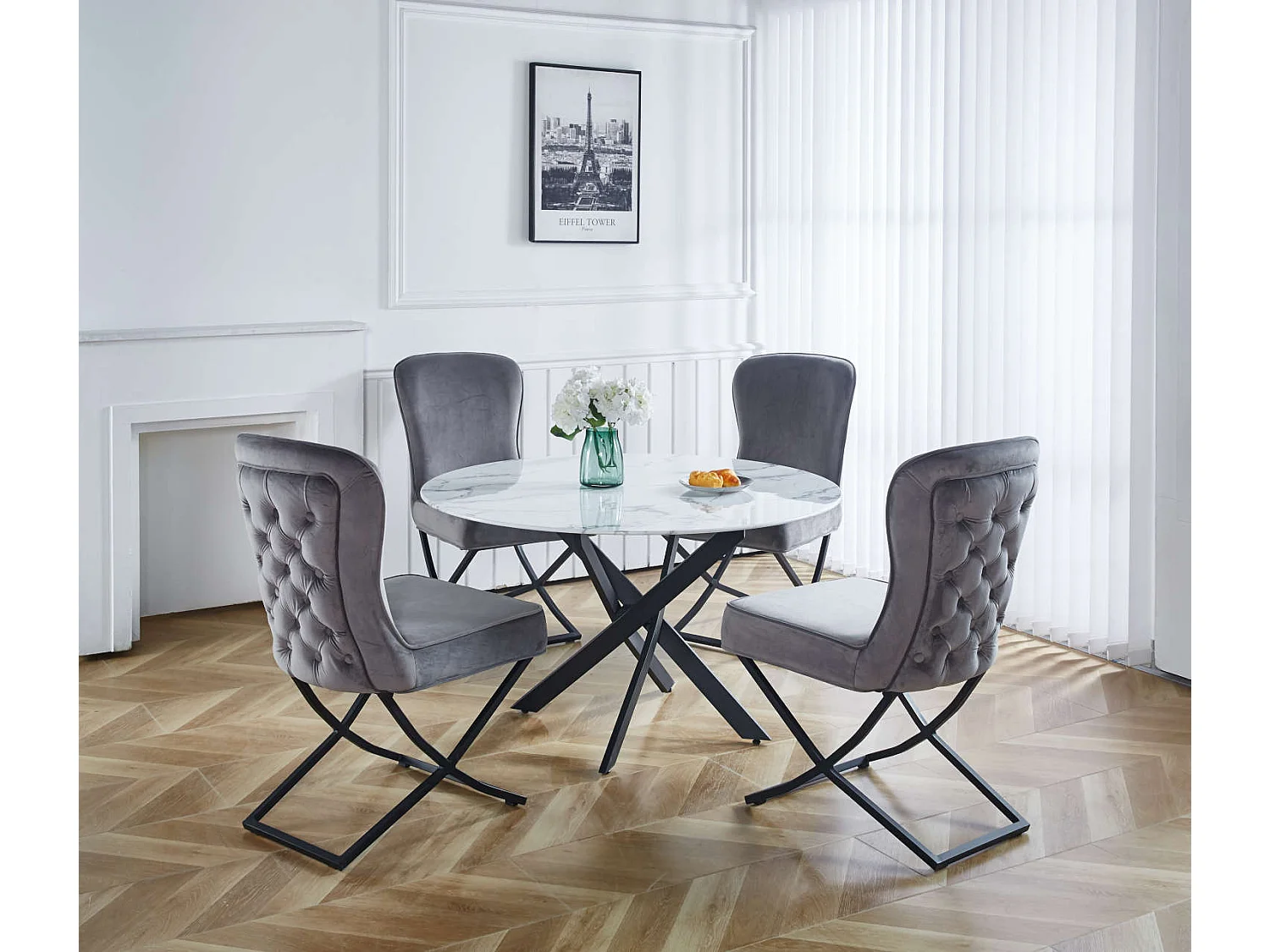 Table a manger ronde JESSICA en MARBRE BLANC pieds Métal noir XXL 120 cm 4 couverts