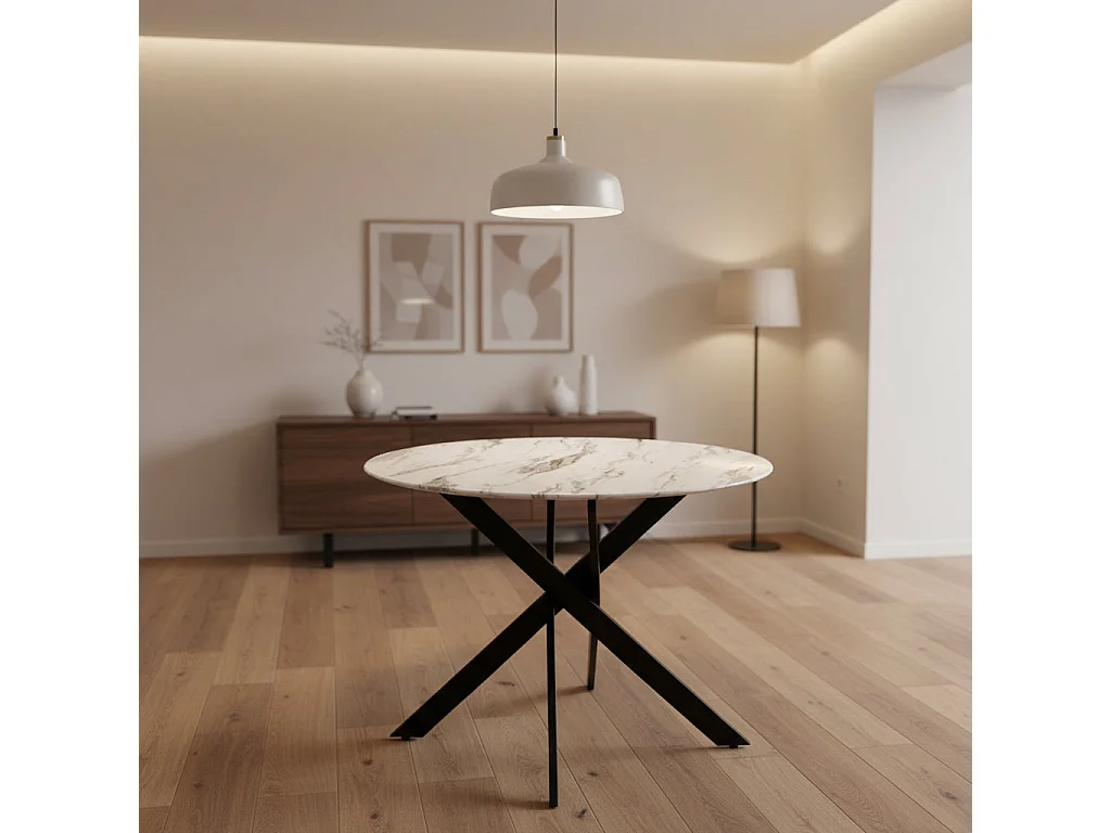 Table à manger ronde JESSICA en MARBRE BLANC pieds Métal noir XXL 120 cm 4 couverts