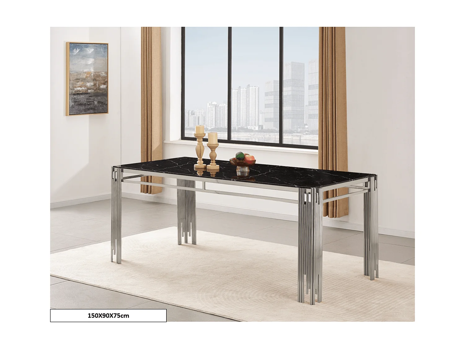 Table à manger FLUTE Chrome Plateau en verre Marbré 150 cm