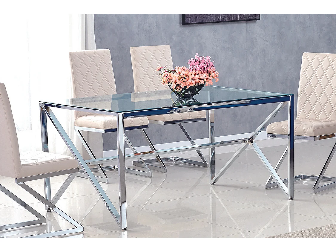 Table à manger MAJESTIQUE Chrome Plateau en verre trempé