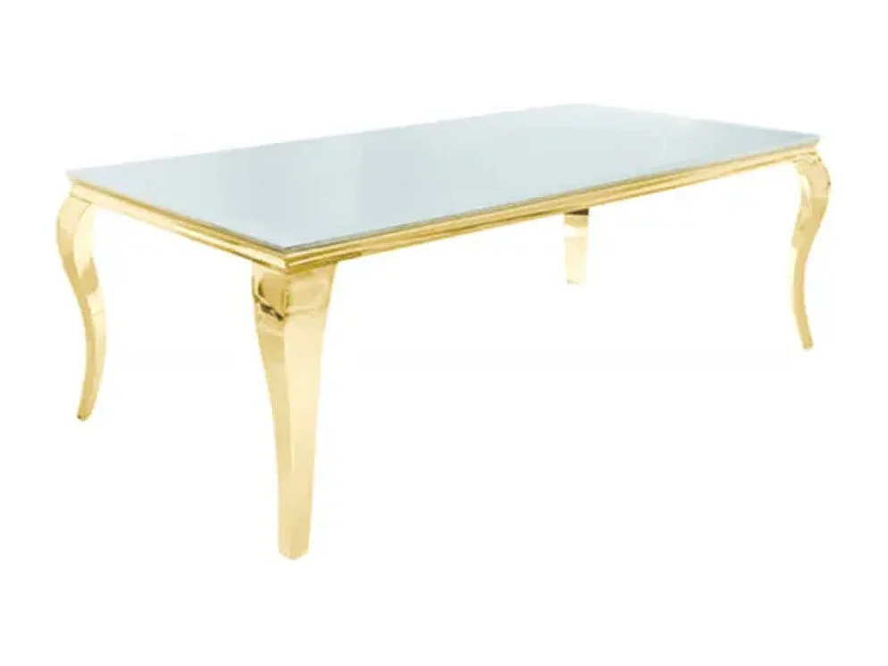 Table à manger BAROQUE 6 à 8 couverts 180x90 cm pieds gold plateau en verre blanc