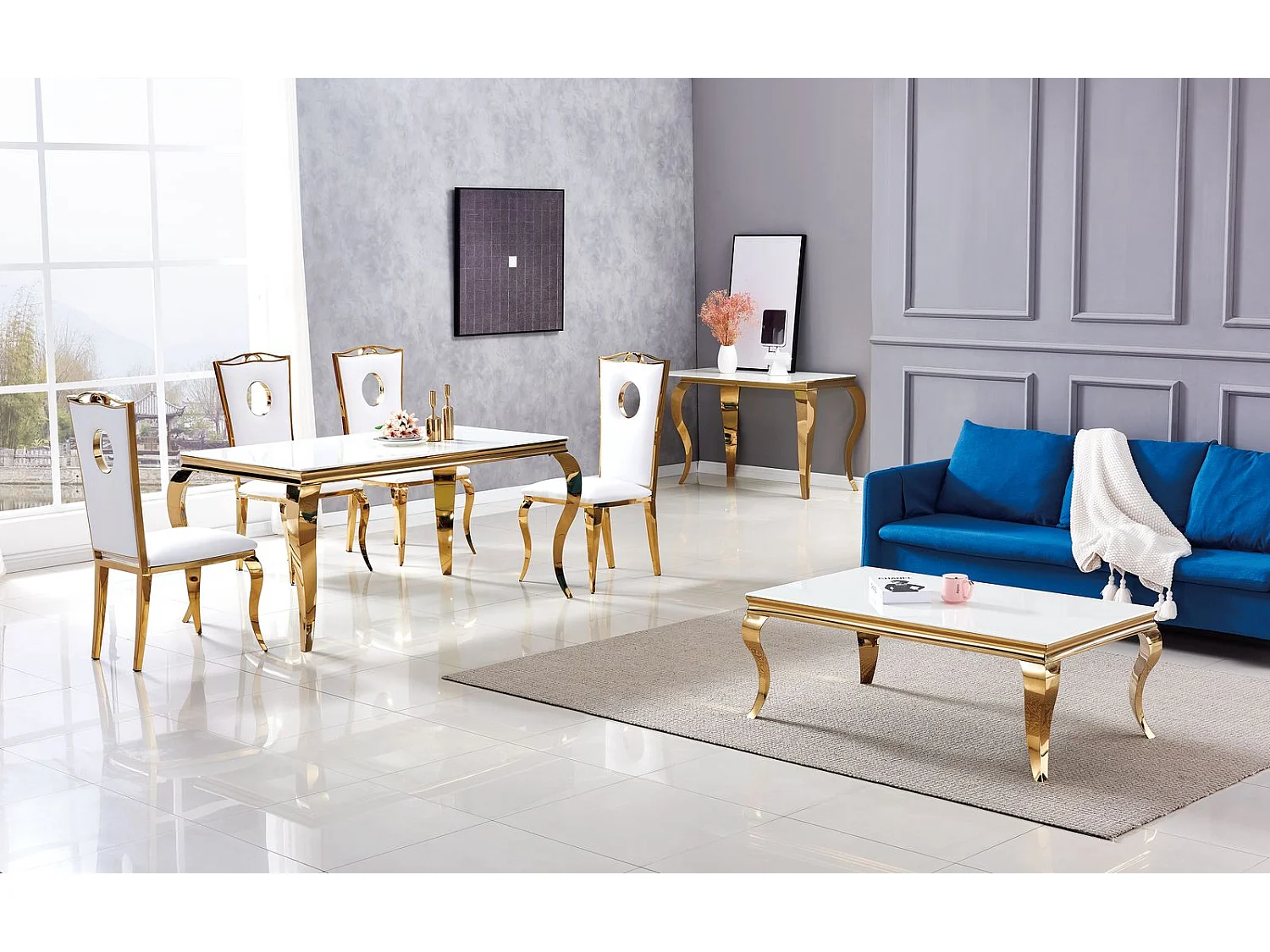 Table à manger BAROQUE 6 à 8 couverts 180x90 cm pieds gold plateau en verre blanc