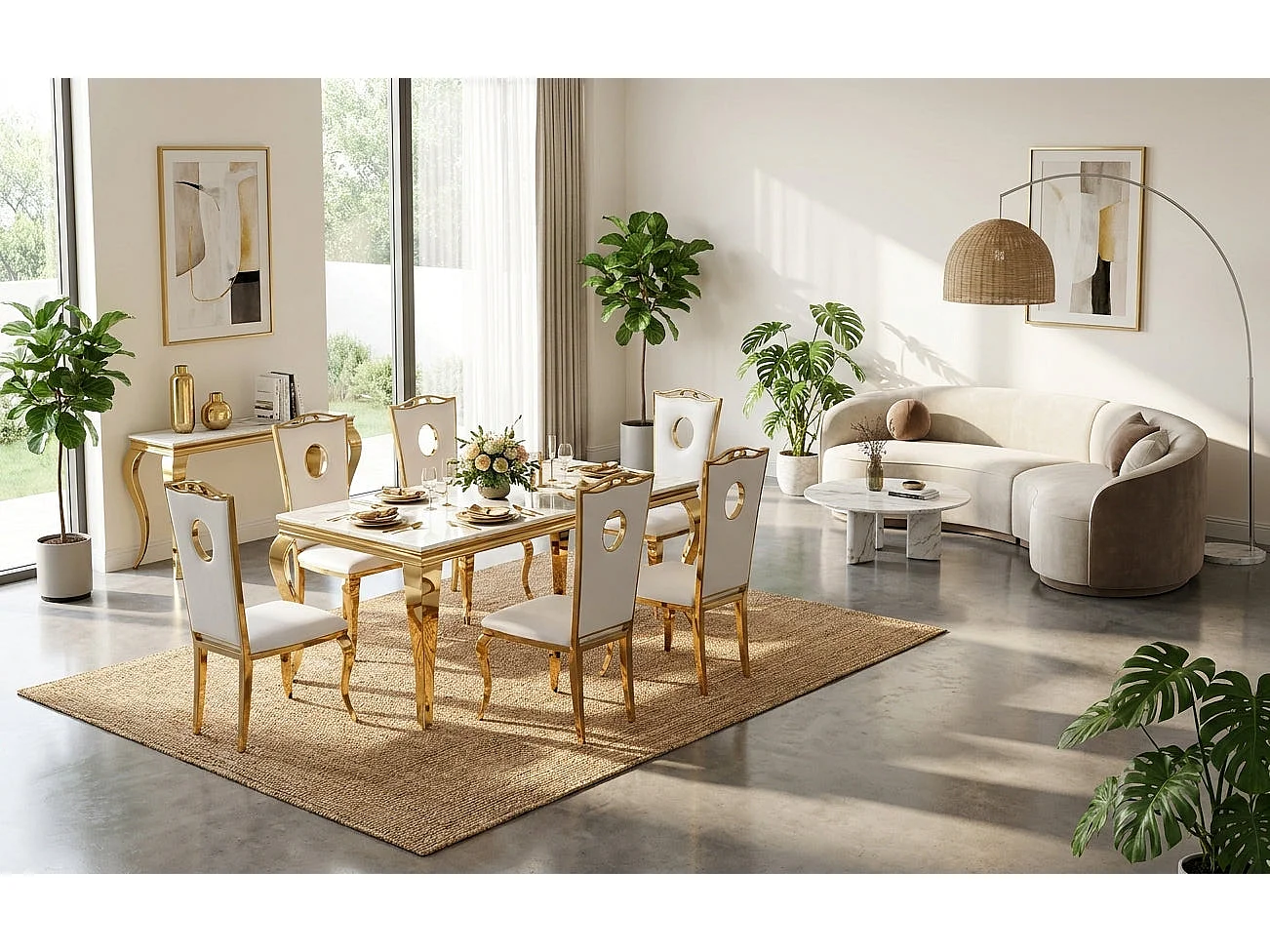 Table à manger BAROQUE 6 à 8 couverts 180x90 cm pieds gold plateau en verre blanc