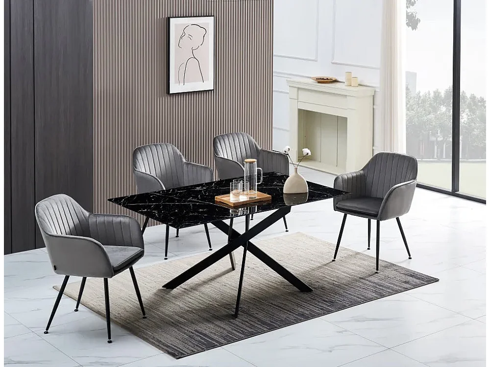 Table Repas JESSICA Métal noir et plateau en verre 150 cm 4 à 6 couverts effet marbré noir