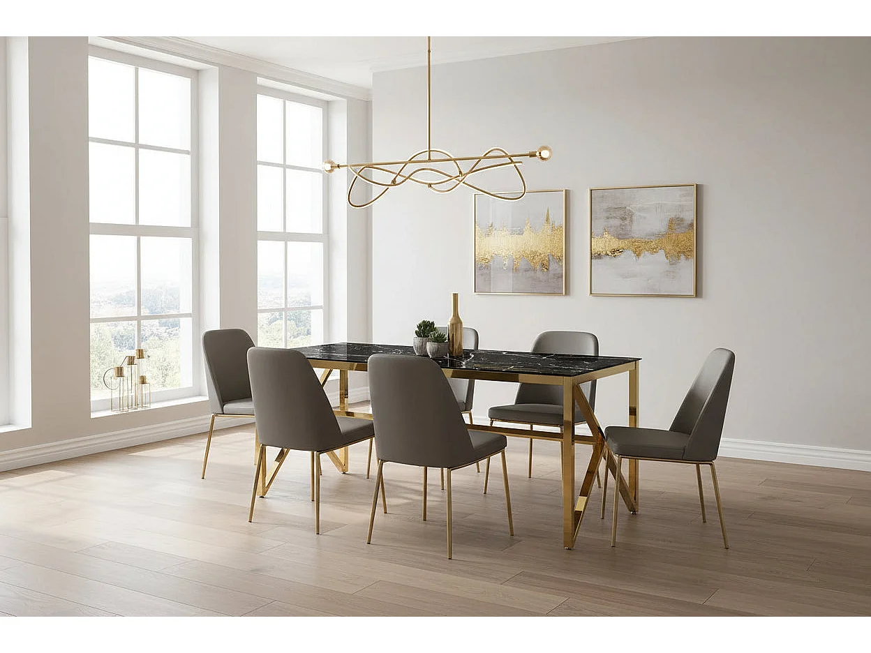 Table à Manger Gold Verre Trempé Marbré Noir – 150×90 cm – MAJESTIQUE