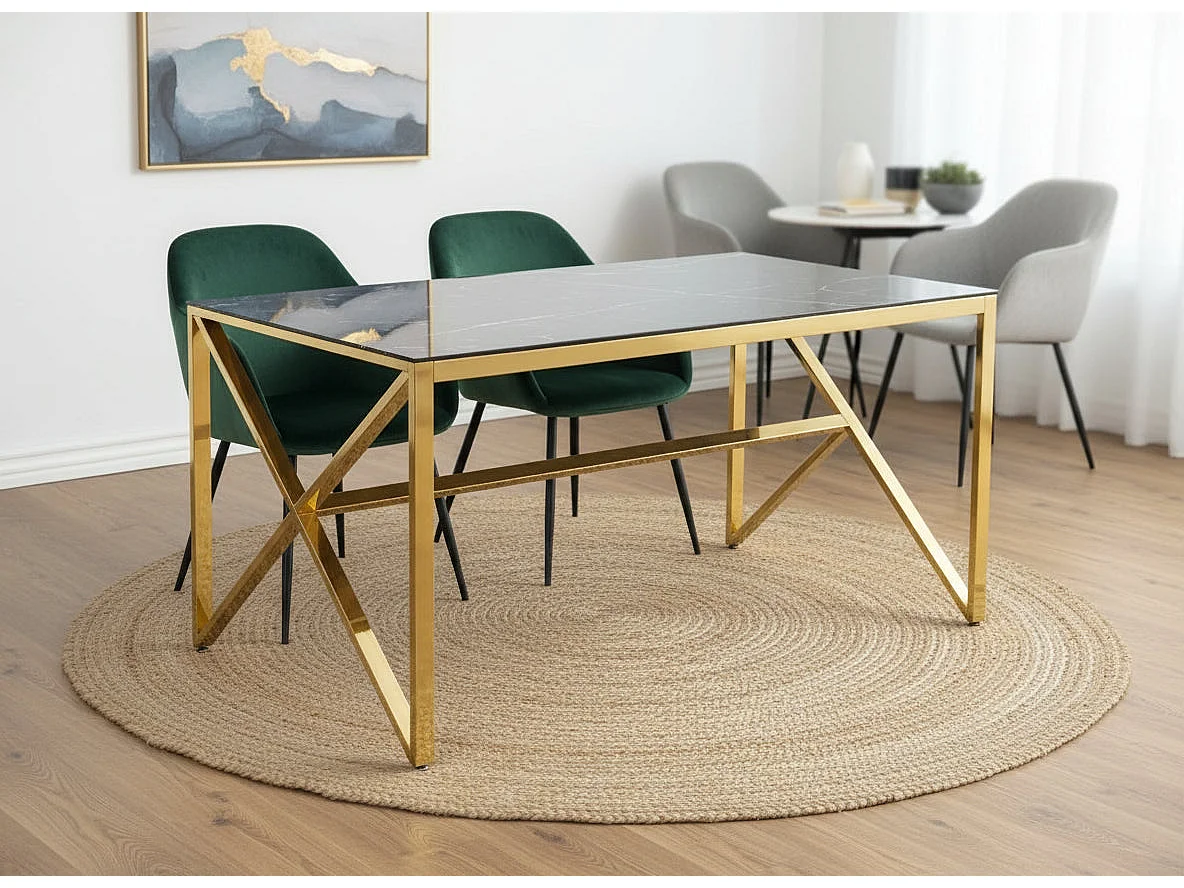 Table à Manger Gold Verre Trempé Marbré Noir – 150×90 cm – MAJESTIQUE