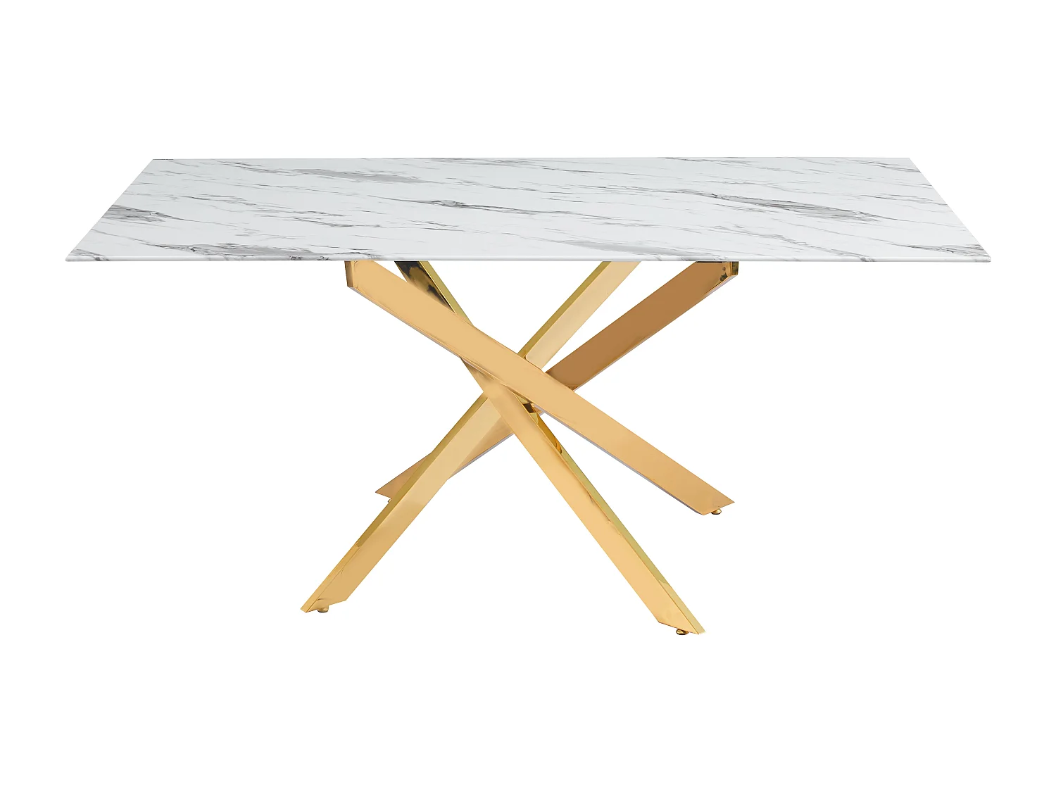 Table Repas JESSICA Gold et plateau en verre 150 cm 4 à 6 couverts - Effet marbré blanc