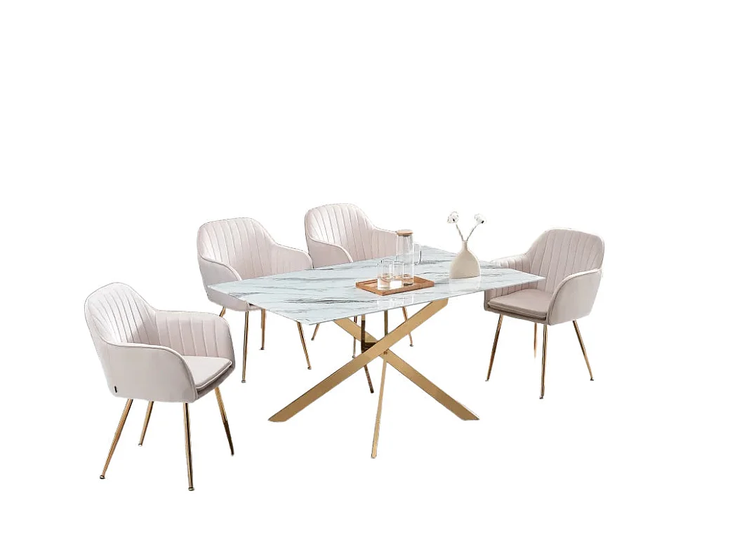 Table Repas JESSICA Gold et plateau en verre 150 cm 4 à 6 couverts - Effet marbré blanc